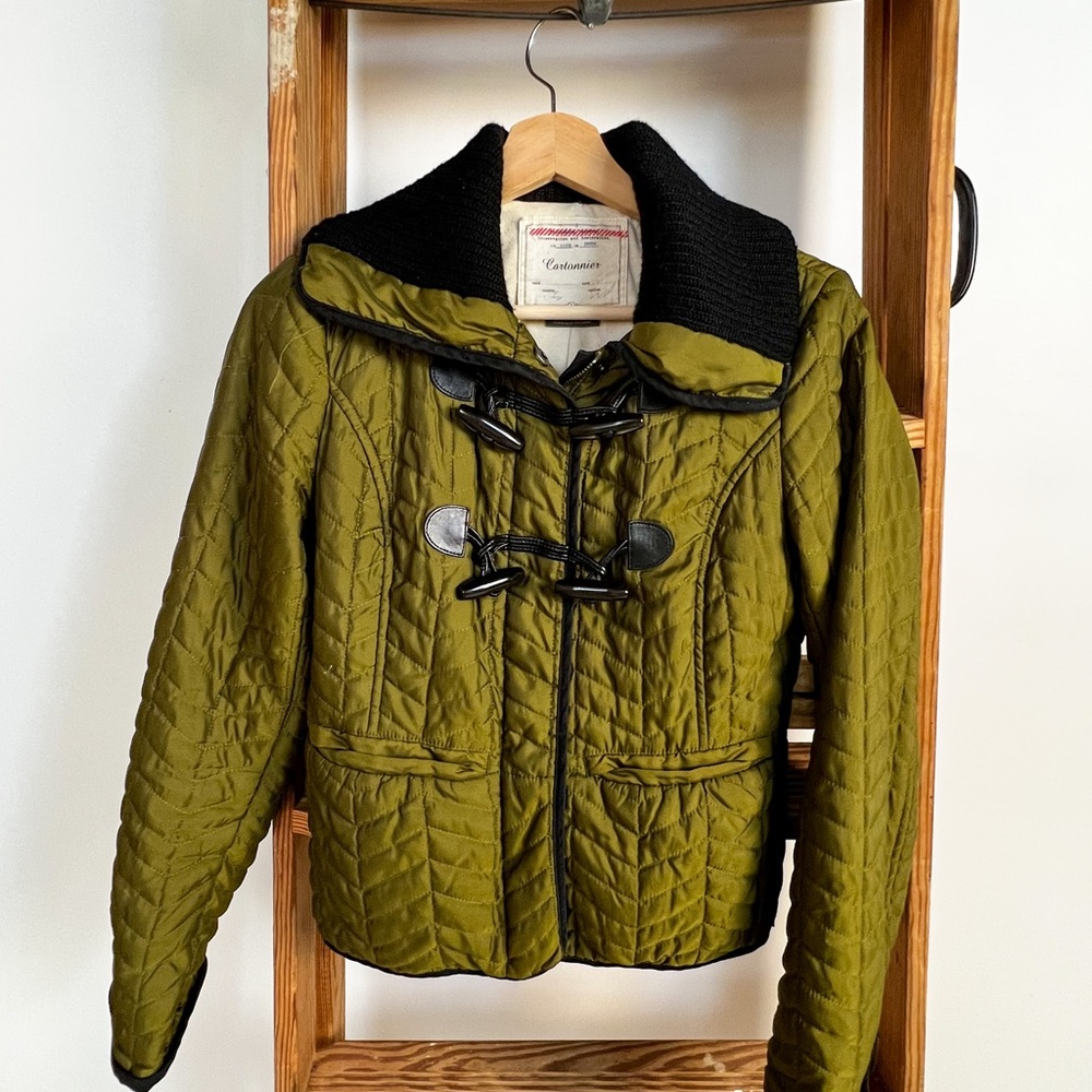 Anthropologie Cartonnier Olive Uster Quilted Light Puffer Zip Snap Jacket Size 4